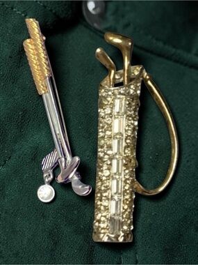 Set of Golf Clubs & Club bag Gold Tone Crystal Rhinestone Gem  2.25” Brooches